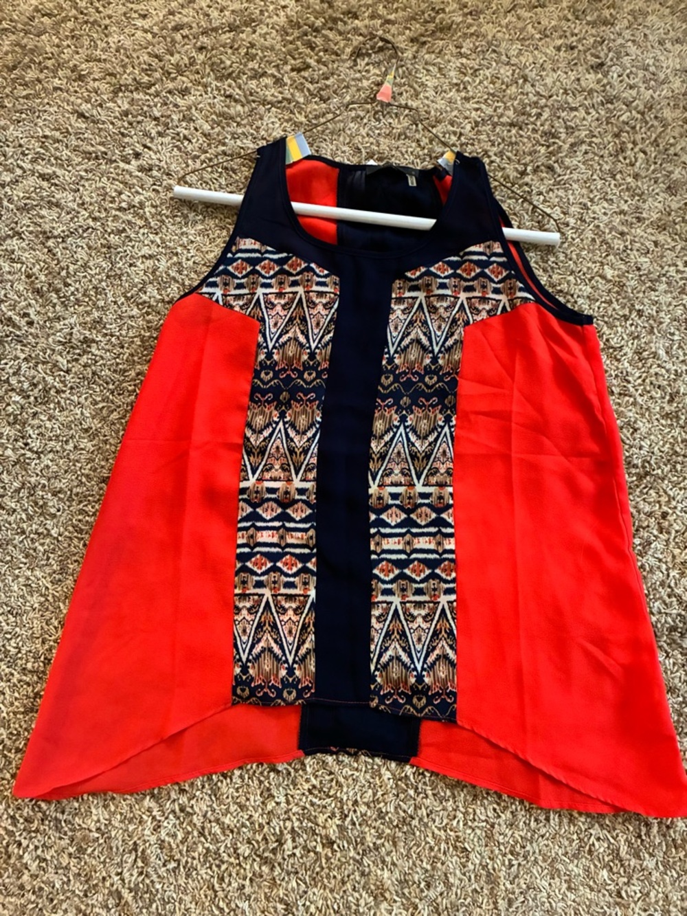 Sleeveless Orange and Navy Tribal-Panel Tank Top